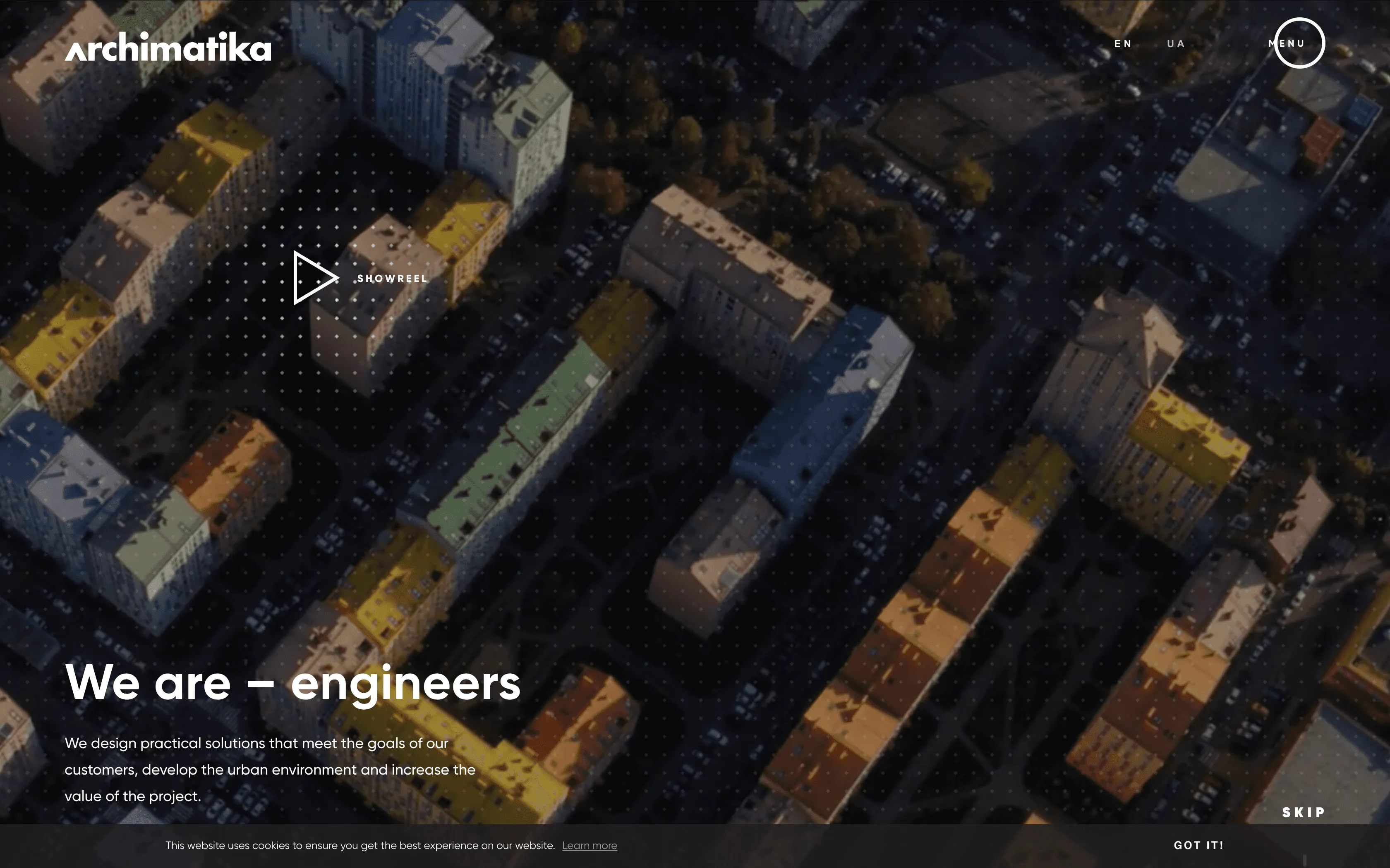 Archimatika website homepage: an aerial city view with the headline We are engineers