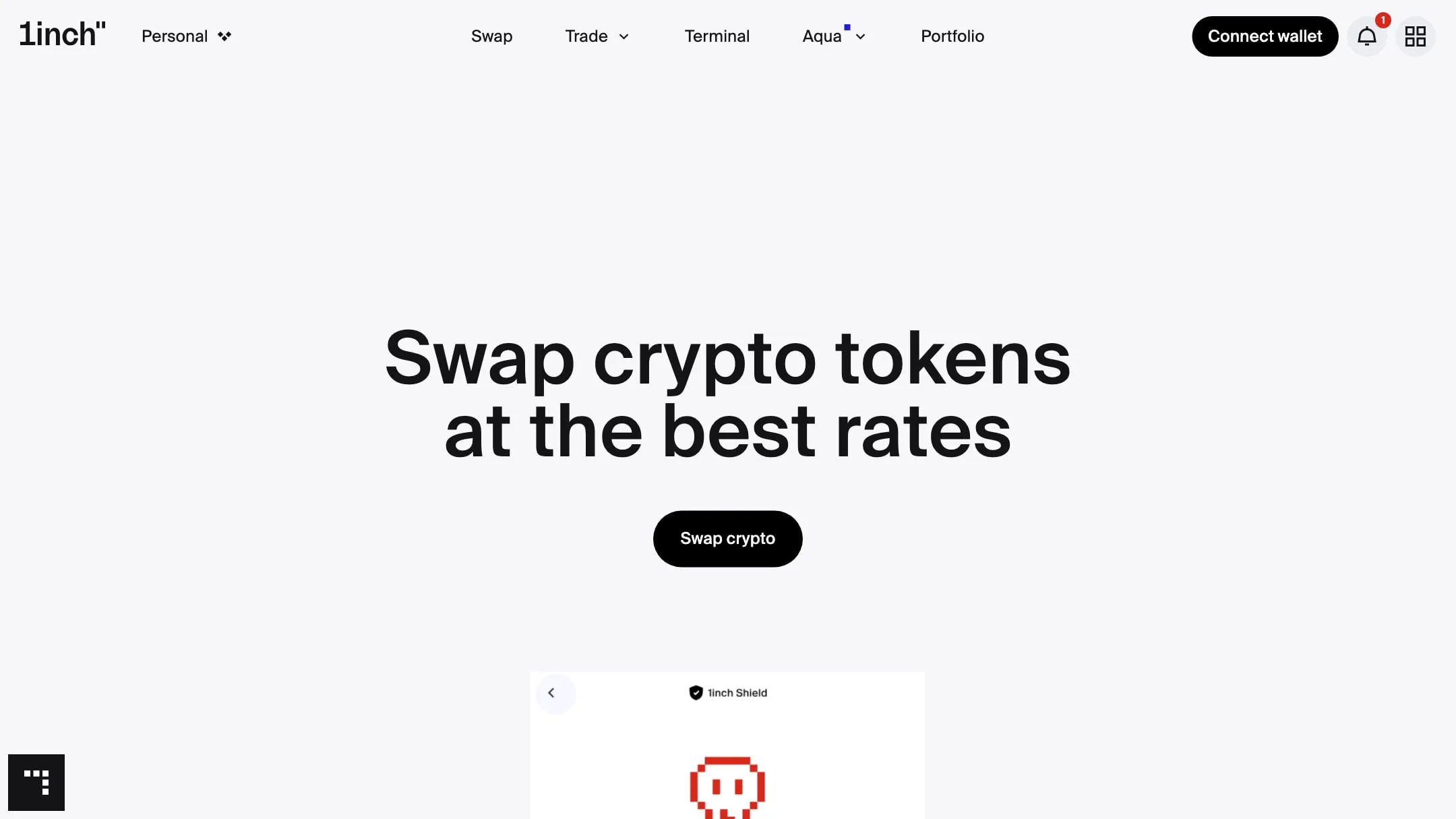 1inch website home page with the headline Swap crypto tokens at the best rates and a Swap crypto button