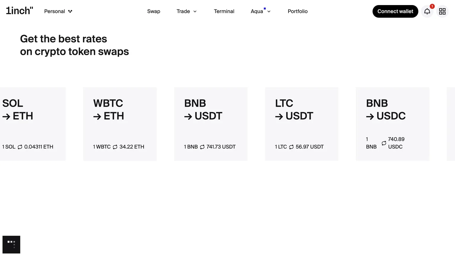 1inch home page with popular token pairs and live swap rates