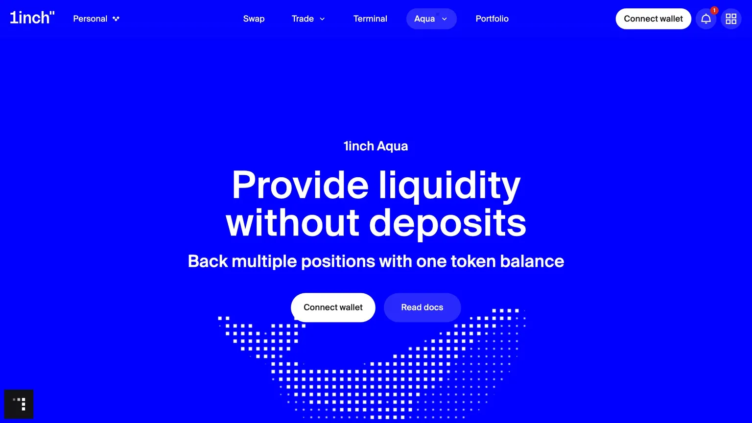1inch Aqua page in blue with the headline Provide liquidity without deposits