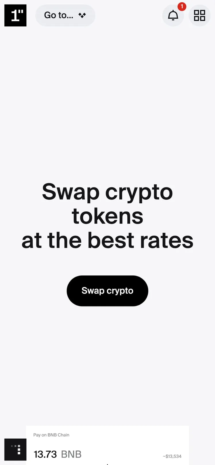 1inch home page on a phone with the Swap crypto button