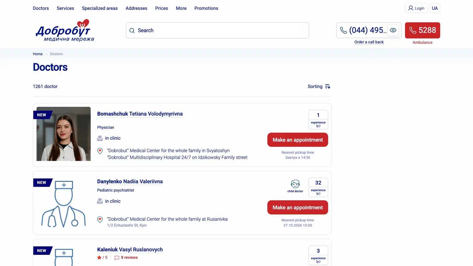 Dobrobut doctors directory with specialisation filters and appointment buttons