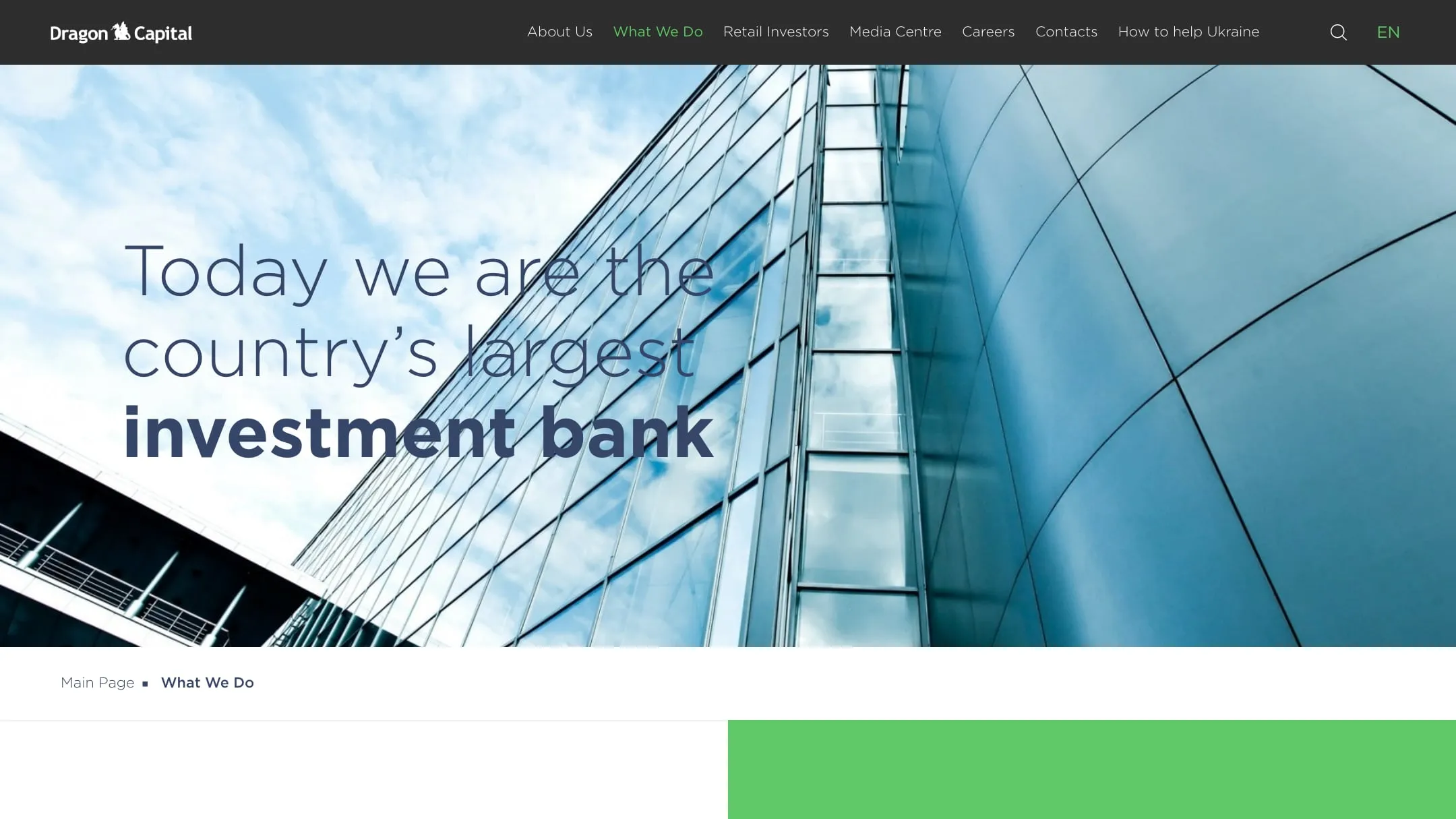 Dragon Capital What We Do page with a glass skyscraper and the line Today we are the country’s largest investment bank