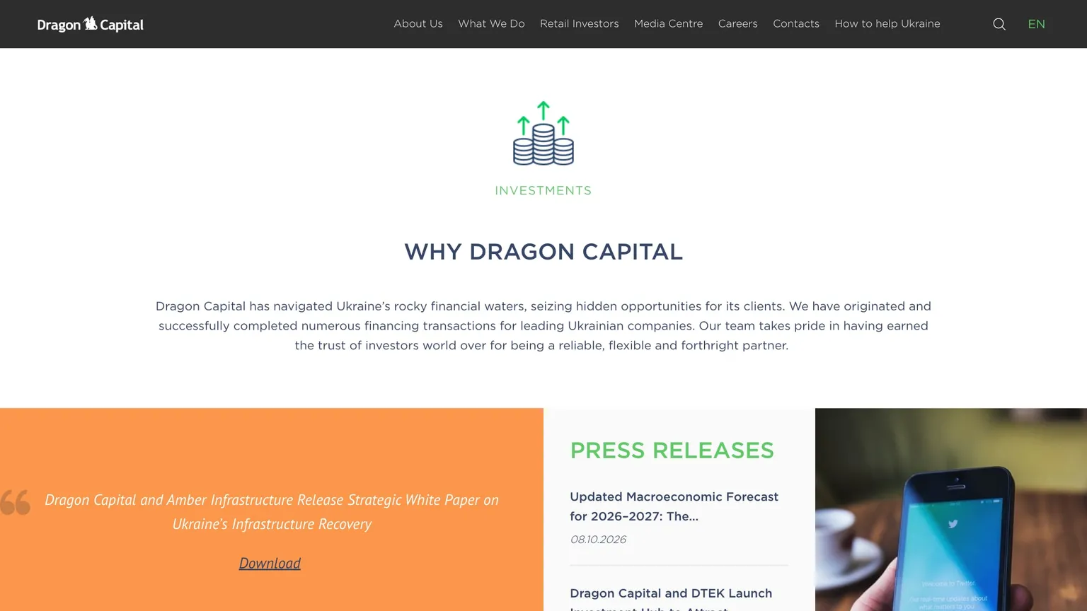 Dragon Capital home page with the Why Dragon Capital section and the latest press releases