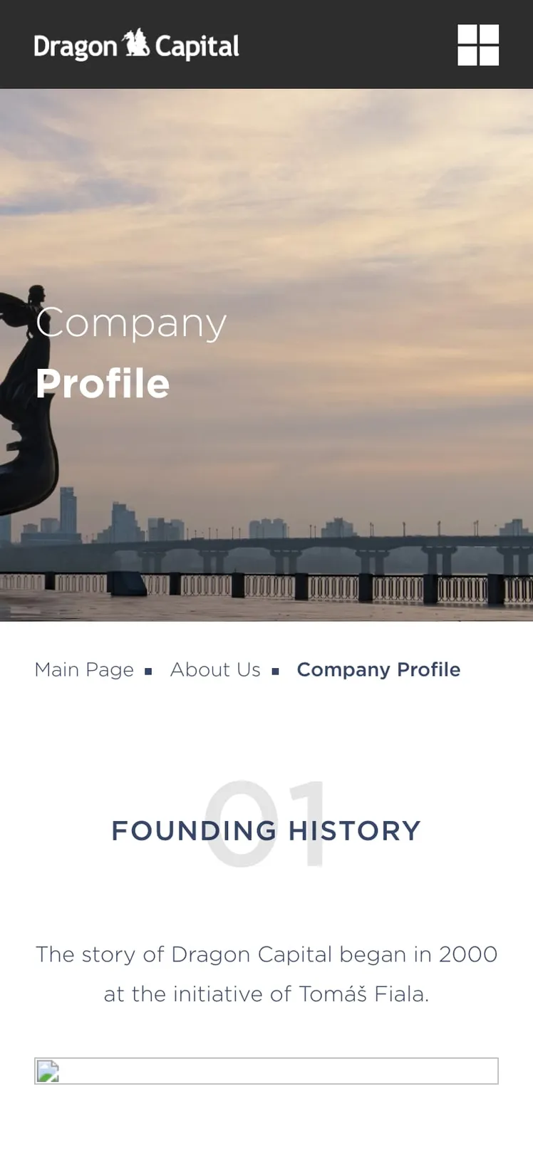 Dragon Capital company profile page on a phone with the founding history