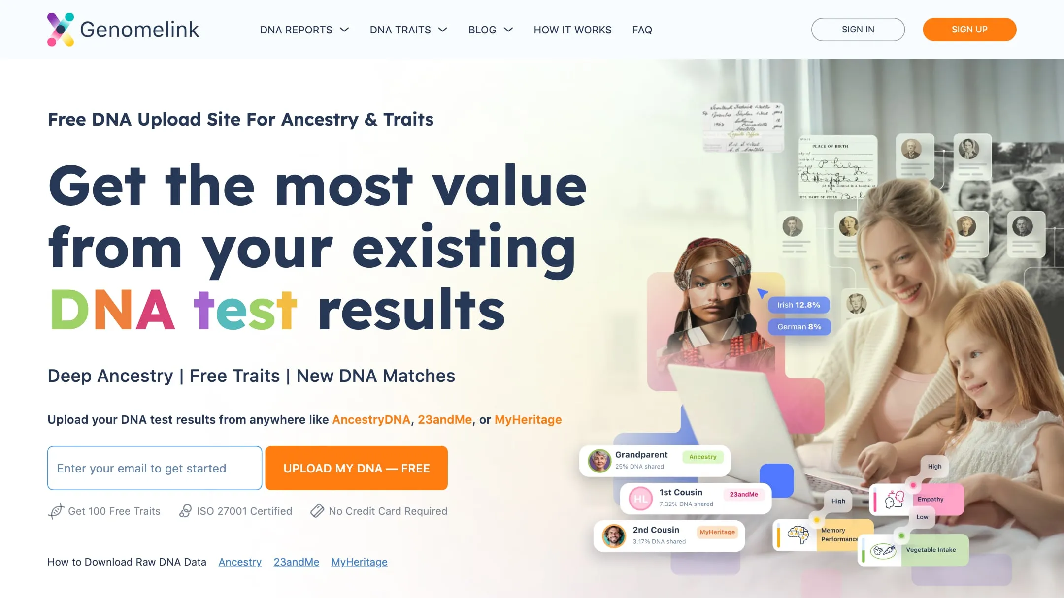 Genomelink home page with the headline Get the most value from your existing DNA test results and an email sign up field