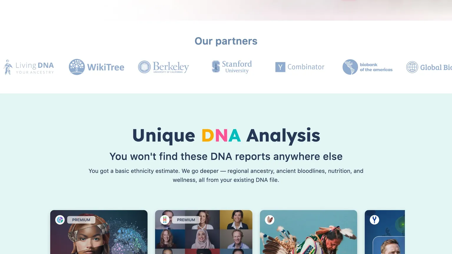 Genomelink home page section with partner logos and unique DNA analysis reports