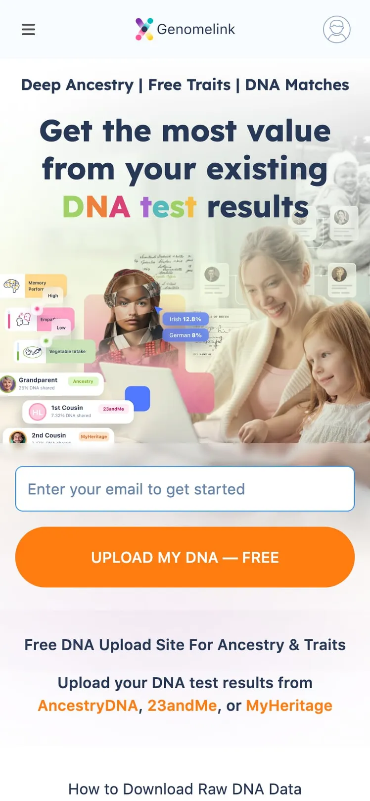 Genomelink home page on a phone with the email field and the Upload my DNA button