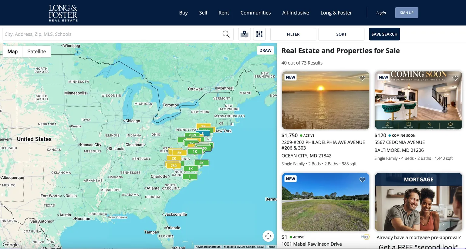 Long & Foster property search with price pins on a map and listing cards for homes for sale
