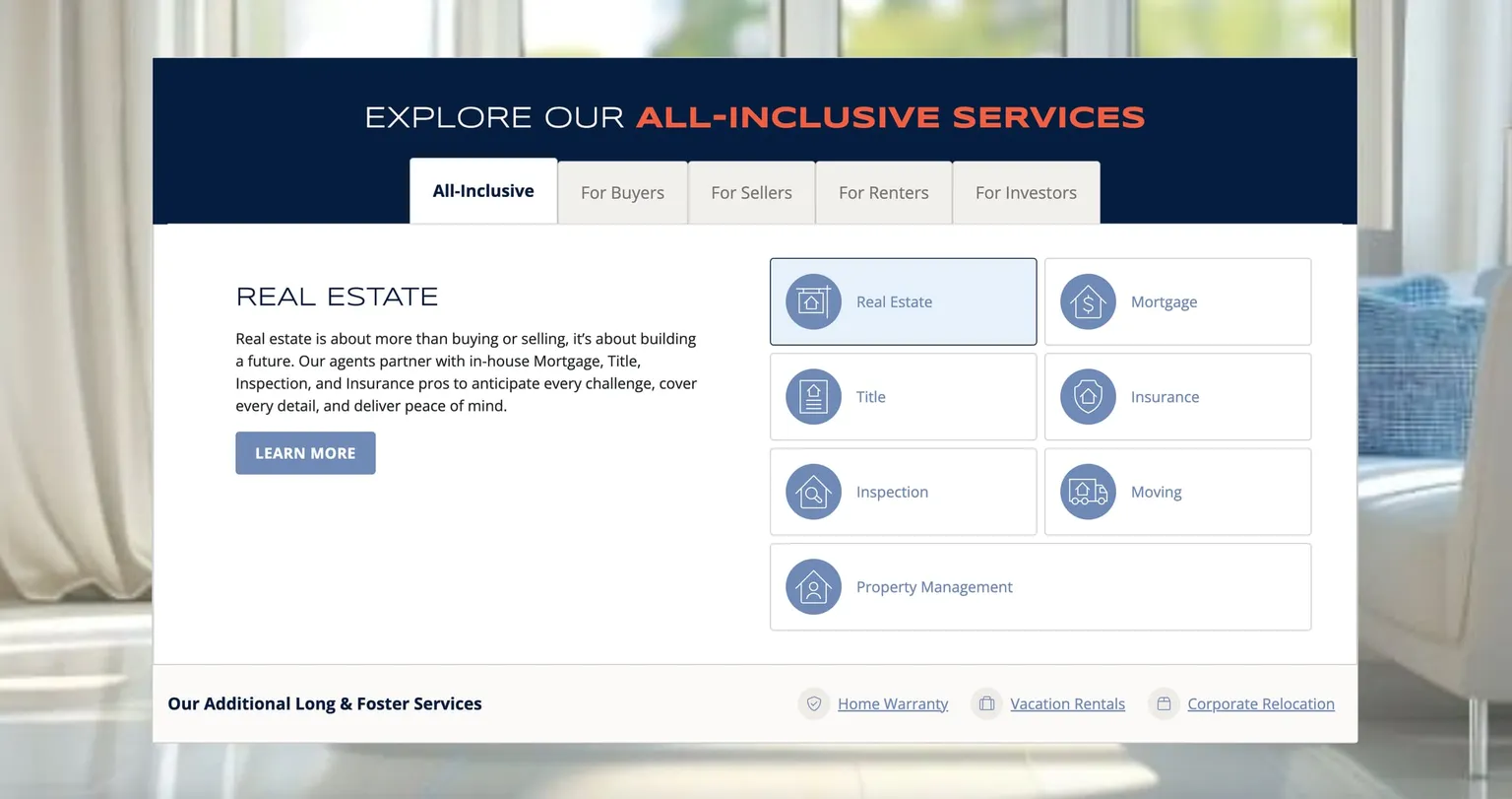 Long & Foster all inclusive services panel with tabs for buyers, sellers, renters and investors
