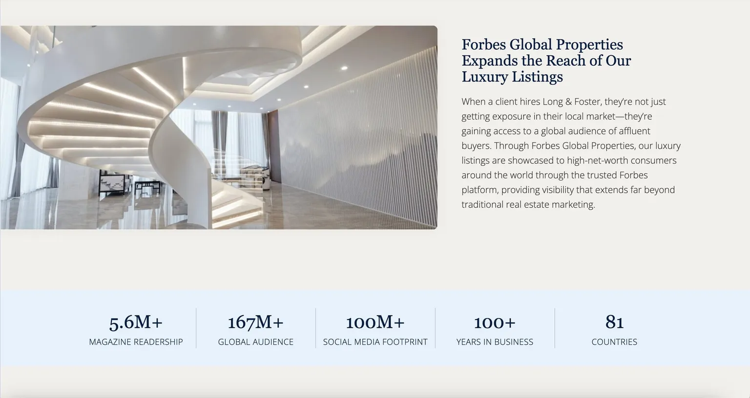 Long & Foster section about luxury listings on Forbes Global Properties with a spiral staircase