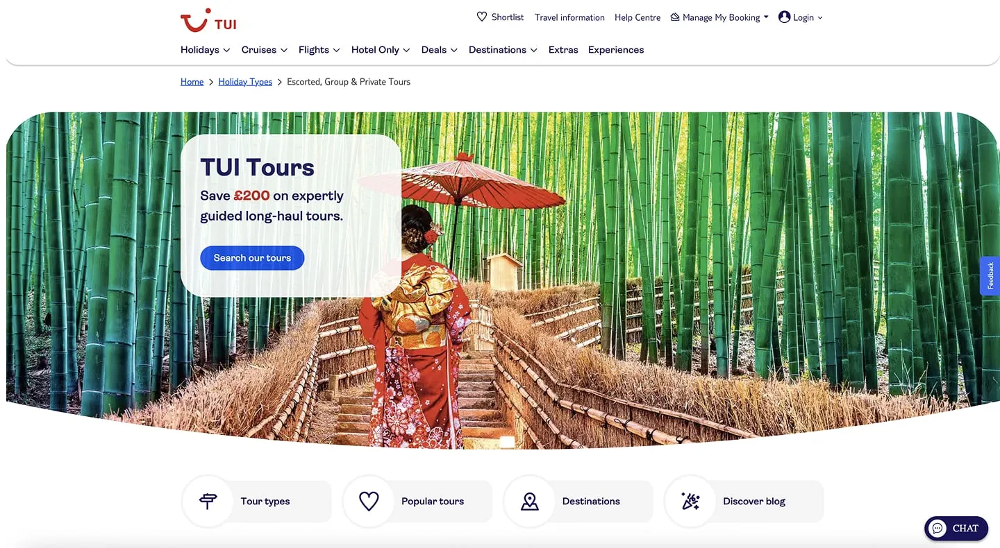TUI Tours page with a woman in a kimono walking through a bamboo forest and an offer for guided long haul tours