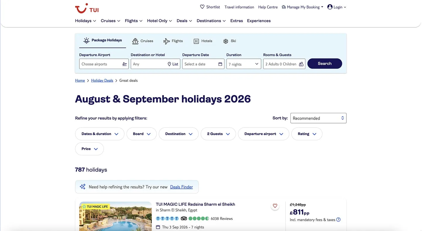TUI holiday search with filters for dates, board, destination and price above a list of 787 holidays