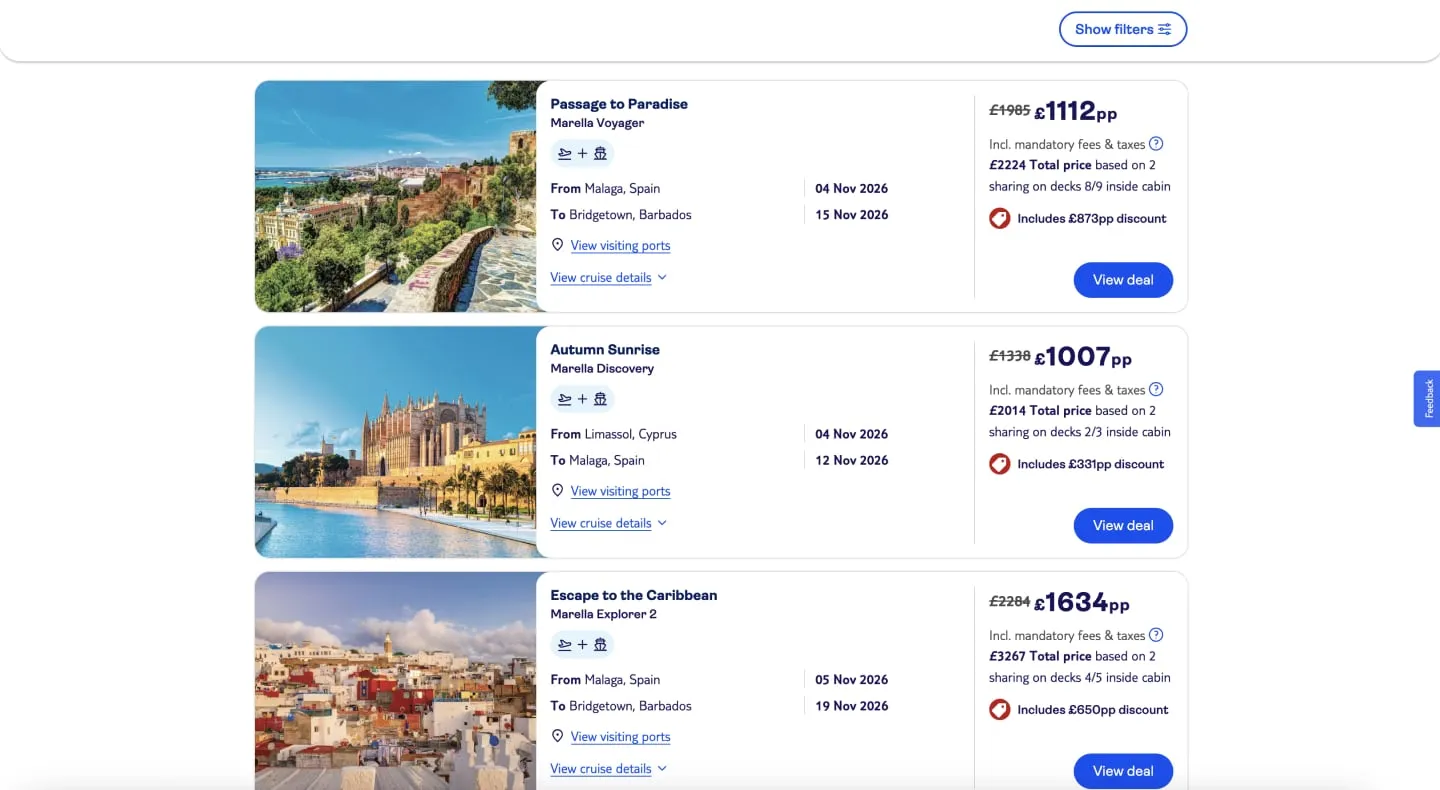 TUI cruise deals from Malaga and Limassol with prices per person, total price and discount
