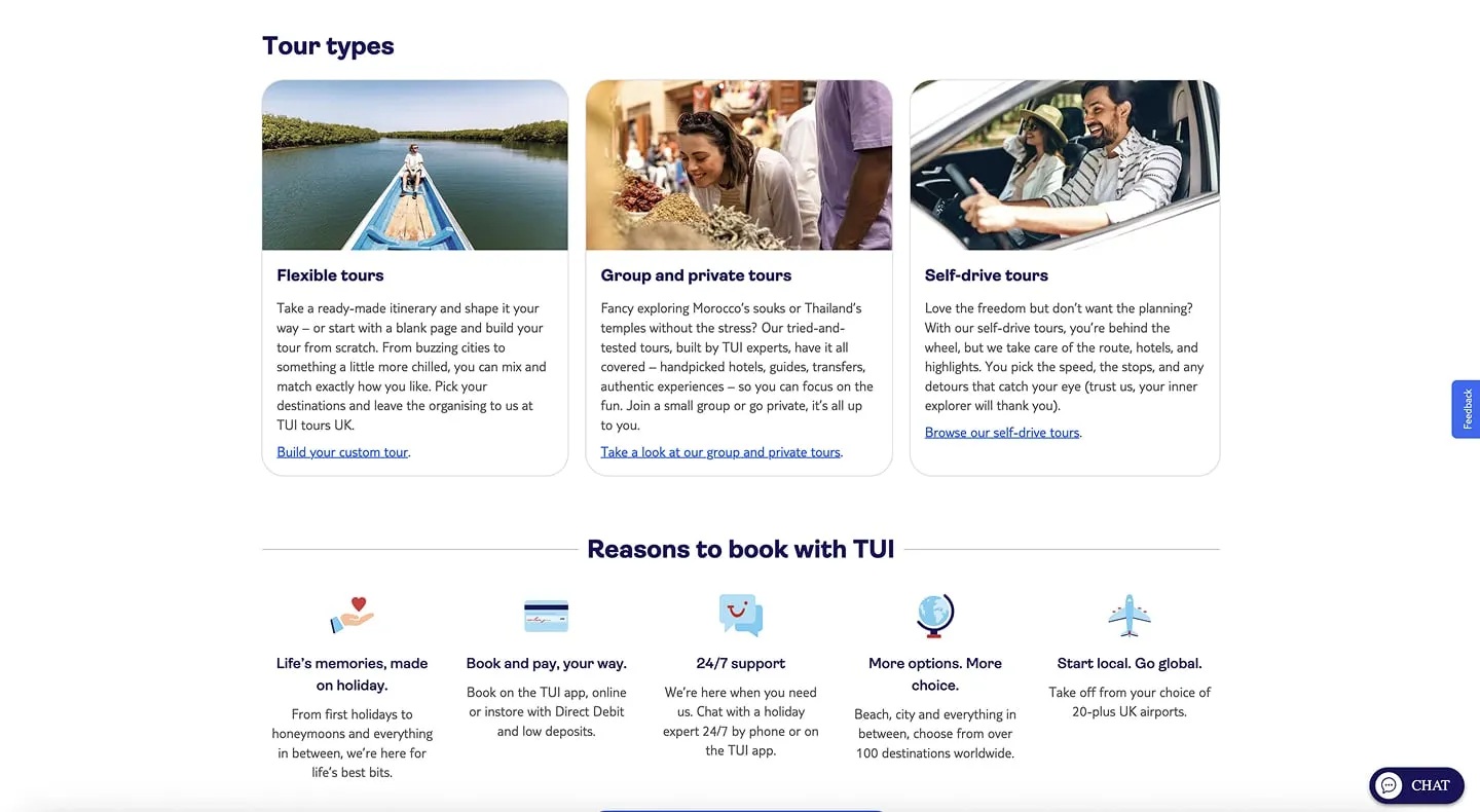 TUI tour types for flexible, group and private and self drive tours, with reasons to book with TUI
