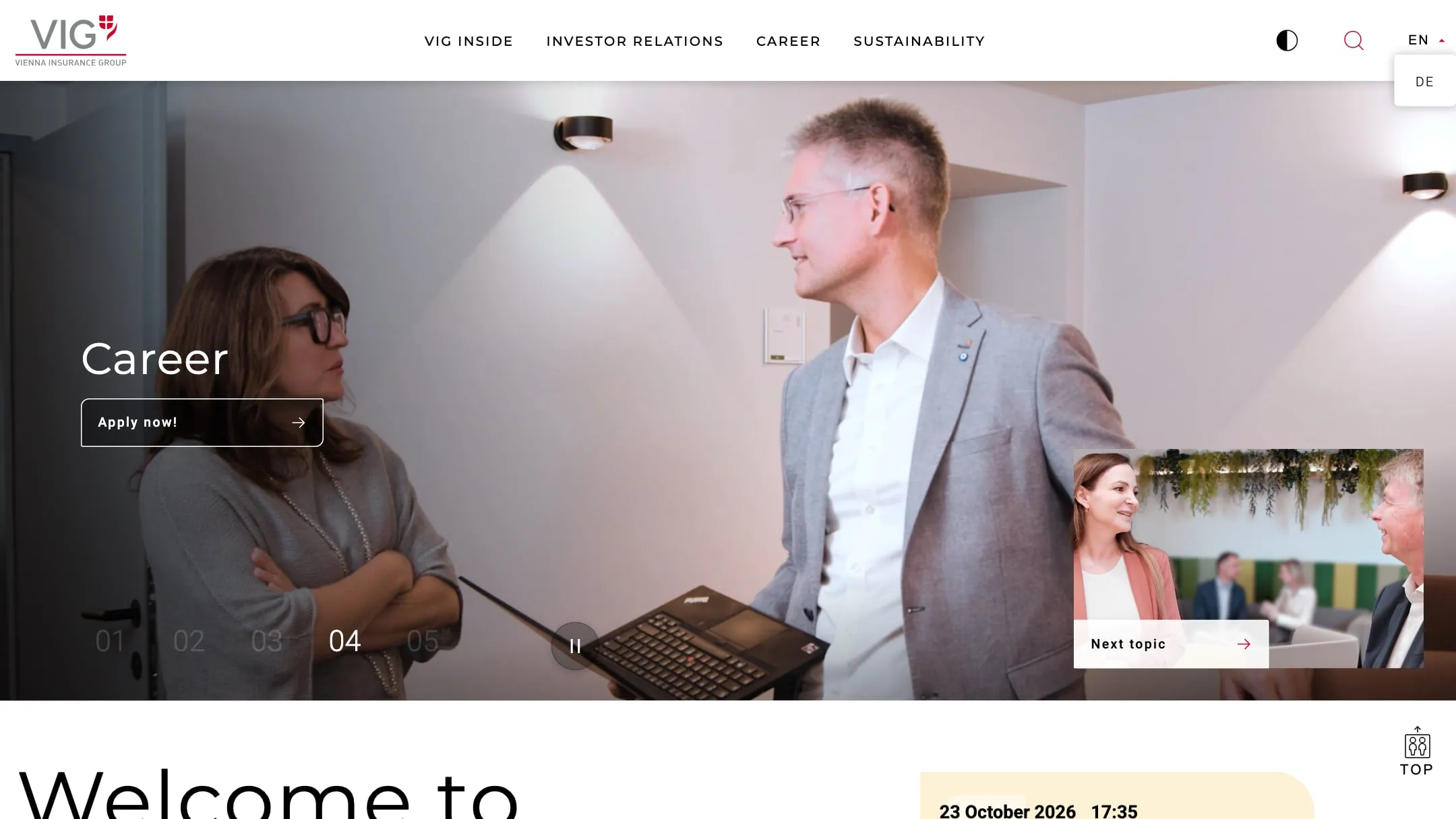 Vienna Insurance Group website home page with a career slide showing colleagues in an office
