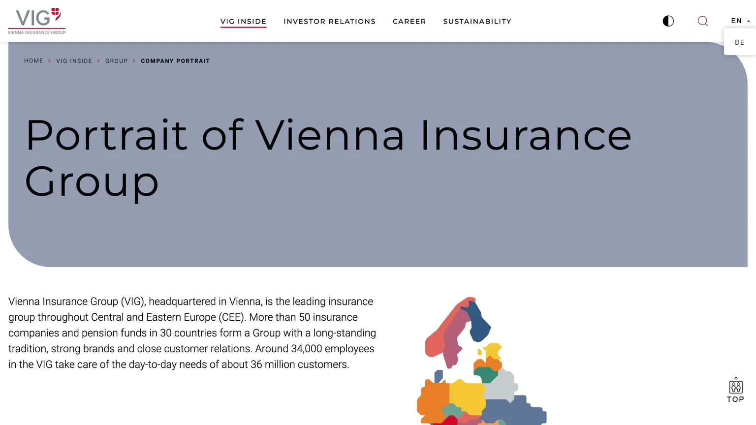 Vienna Insurance Group company portrait page with a map of its Central and Eastern European markets