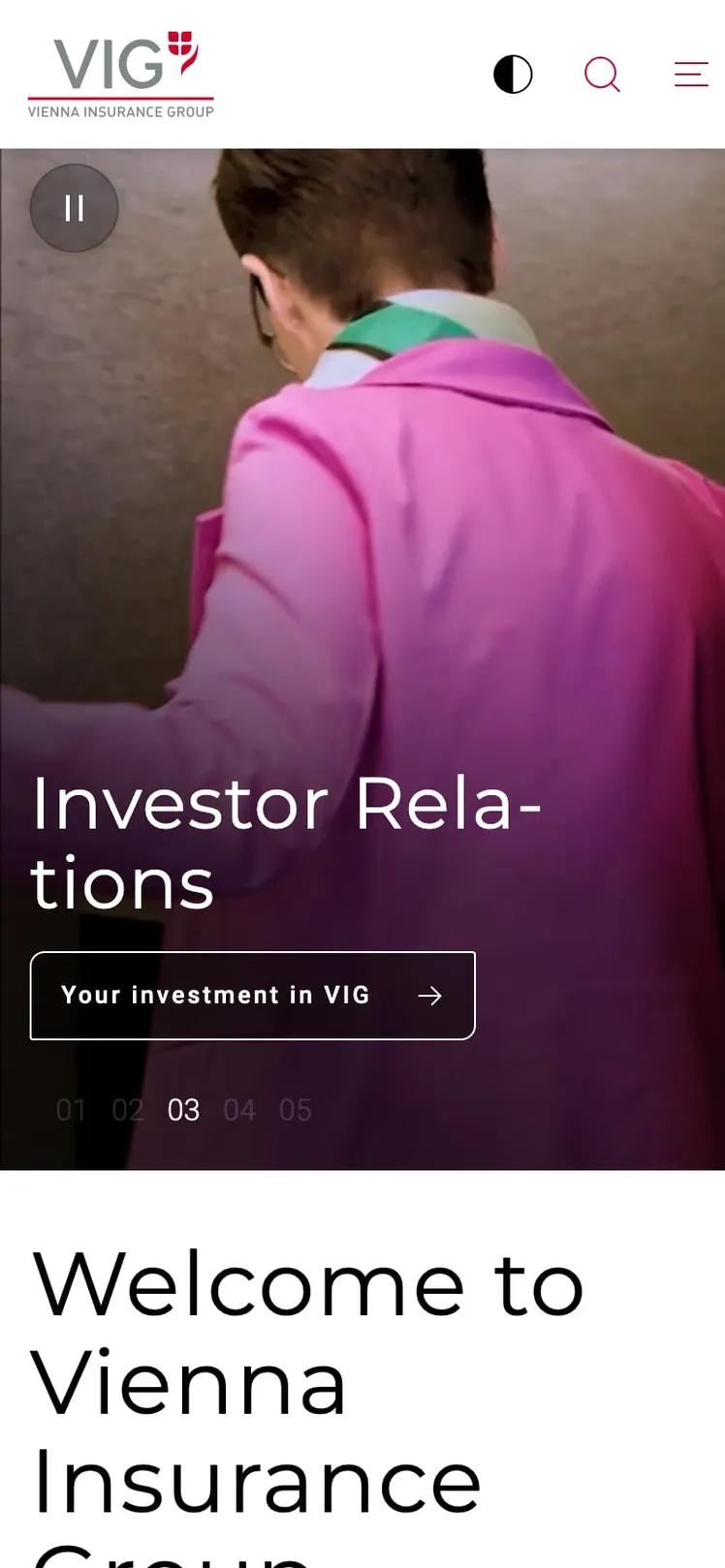 Vienna Insurance Group home page on a phone with the Investor Relations slide