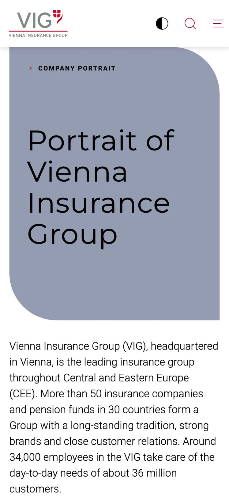Vienna Insurance Group company portrait page on a phone