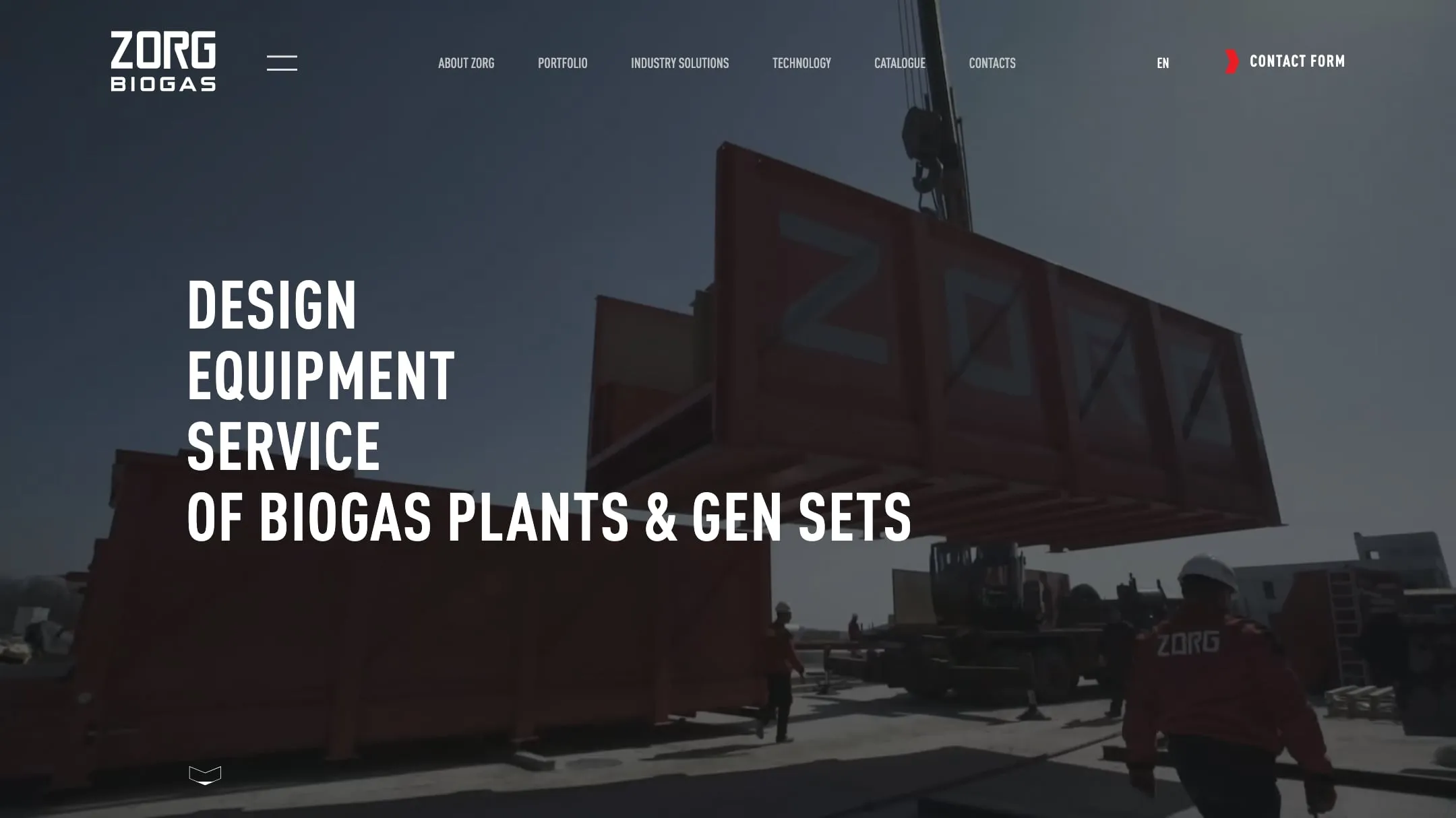Zorg Biogas home page with a biogas plant tank under construction and the line Design, equipment, service of biogas plants and gen sets