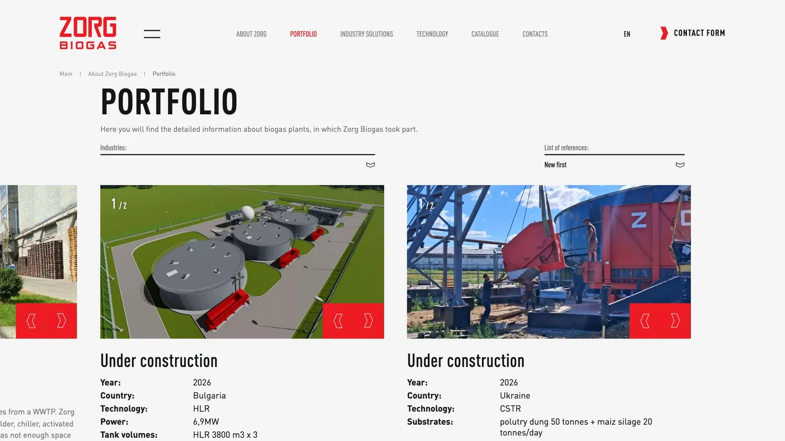 Zorg Biogas portfolio page with project cards showing year, country, technology and power