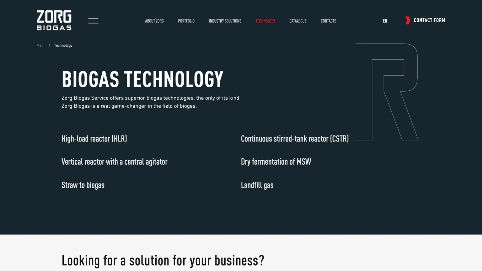 Zorg Biogas technology page listing its biogas technologies on a dark background