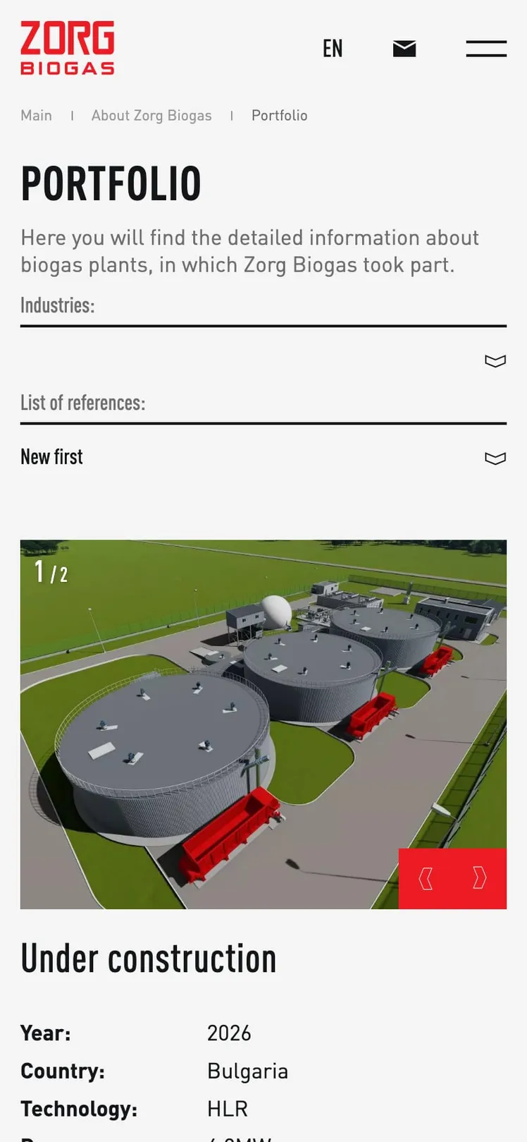 Zorg Biogas portfolio page on a phone with a plant under construction
